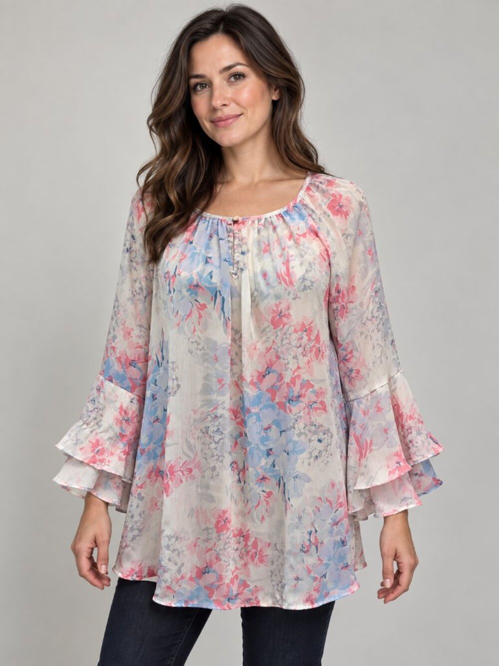Chaps Floral Chiffon Blouse Women's XXL Pink Blue Ruffle Sleeve Sheer Blouse